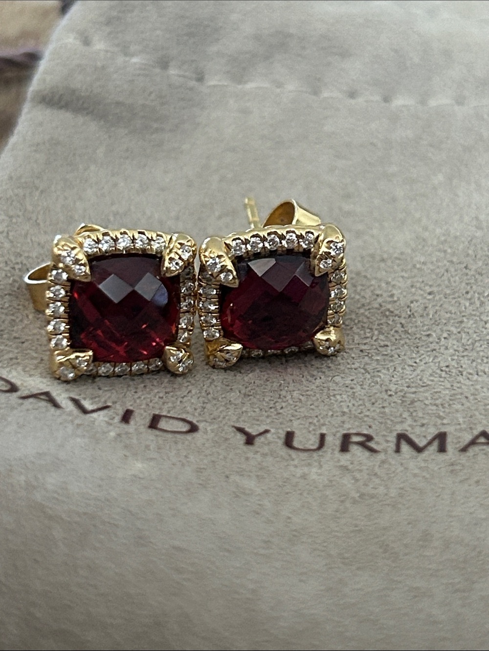 David Yurman Garnet Cushion Halo Stud Earrings in Yellow Gold